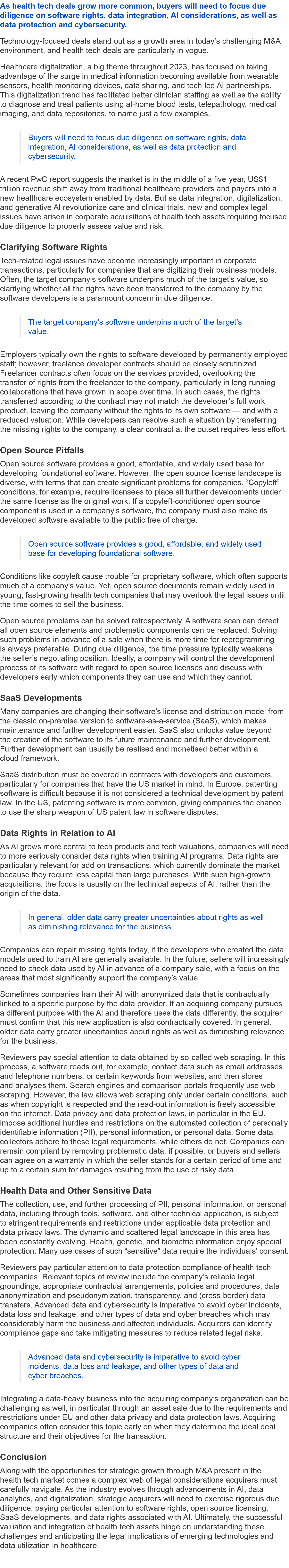 As health tech deals grow more common, buyers will need to focus due diligence on software rights, data integration, ...