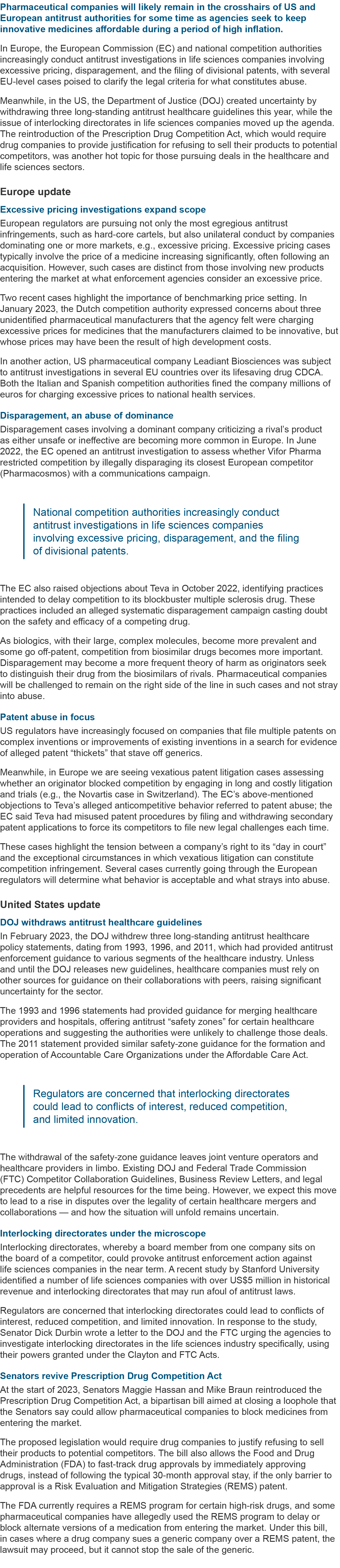 Pharmaceutical companies will likely remain in the crosshairs of US and European antitrust authorities for some time ...