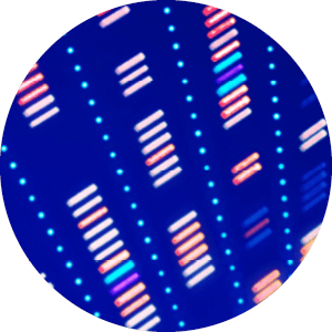 DNA molecular structure with sequencing data of human genome analysis on black background.