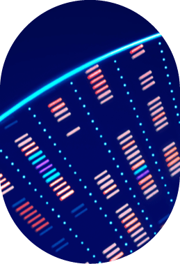 DNA molecular structure with sequencing data of human genome analysis on black background.