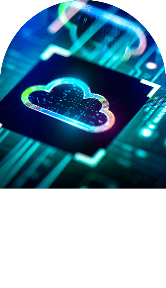 Cloud computing concept. Digital cloud solutions on PCB futuristic background