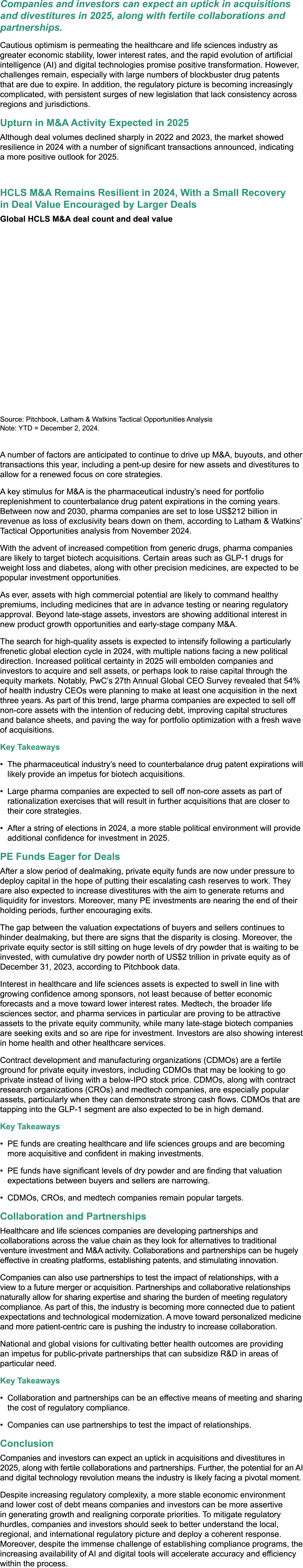 Companies and investors can expect an uptick in acquisitions and divestitures in 2025, along with fertile collaborati...