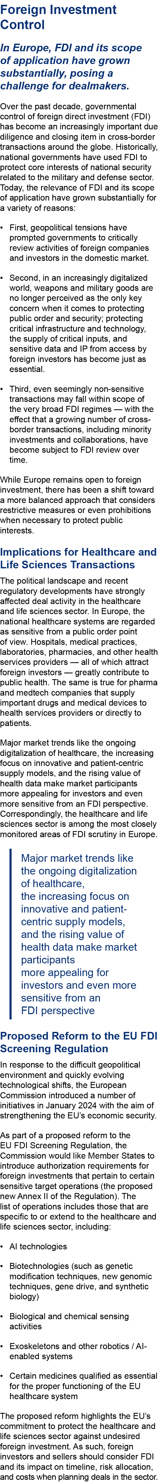 ﻿Foreign Investment Control In Europe, FDI and its scope of application have grown substantially, posing a challenge ...
