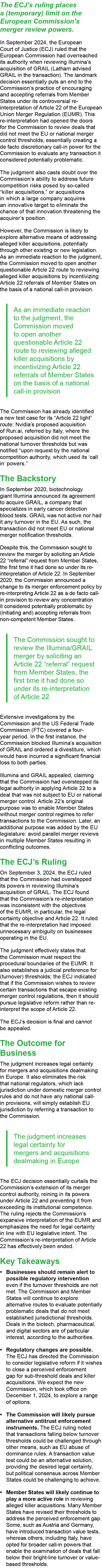 The ECJ’s ruling places a (temporary) limit on the European Commission’s merger review powers. In September 2024, the...