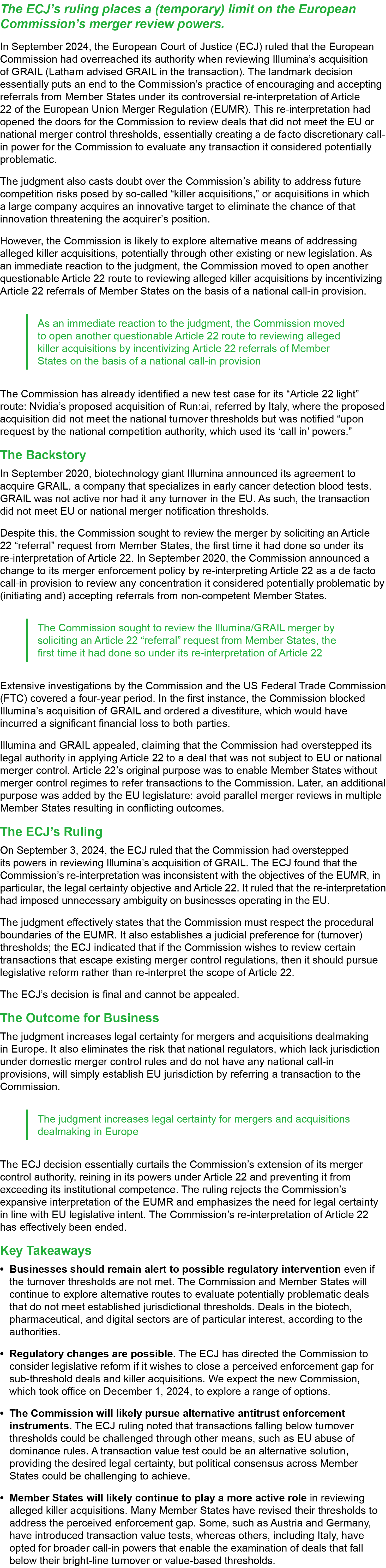 The ECJ’s ruling places a (temporary) limit on the European Commission’s merger review powers. In September 2024, the...