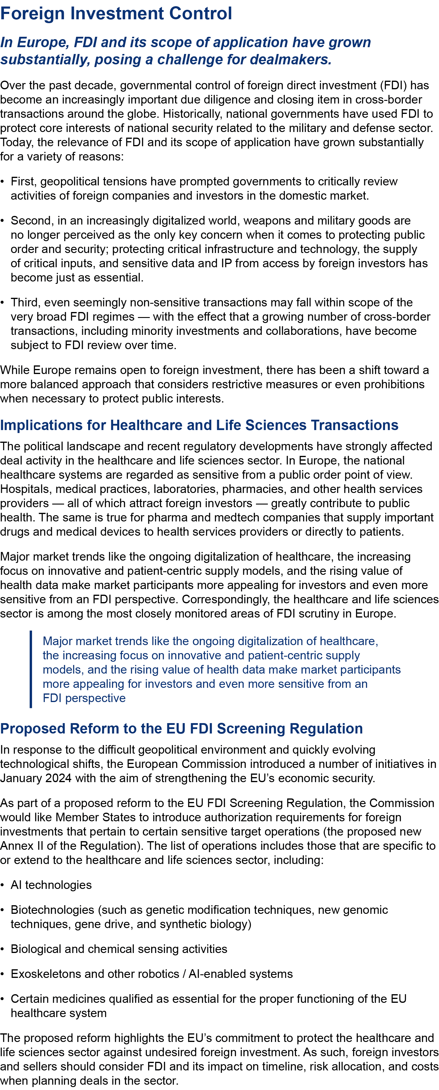 ﻿Foreign Investment Control In Europe, FDI and its scope of application have grown substantially, posing a challenge ...