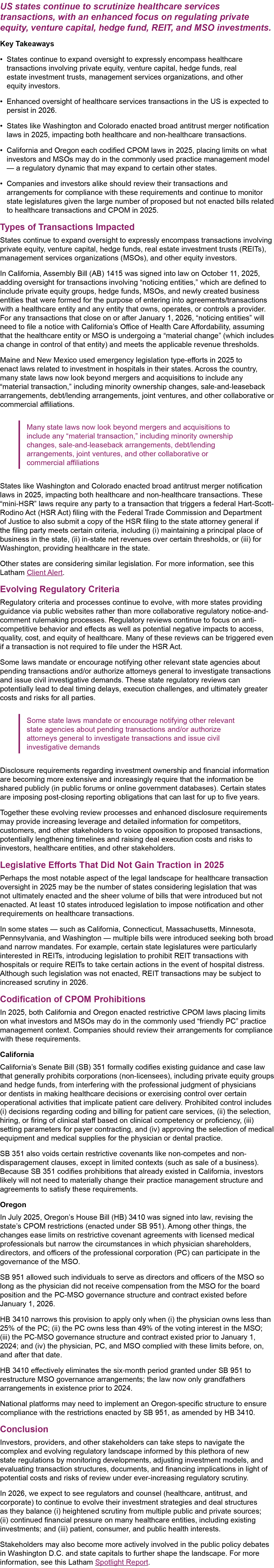 US states continue to scrutinize healthcare services transactions, with an enhanced focus on regulating private equit...