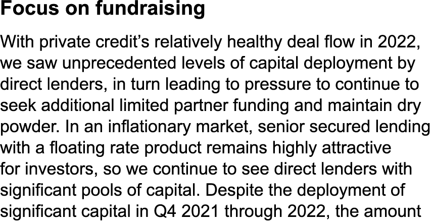 Focus on fundraising With private credit’s relatively healthy deal flow in 2022, we saw unprecedented levels of capit...