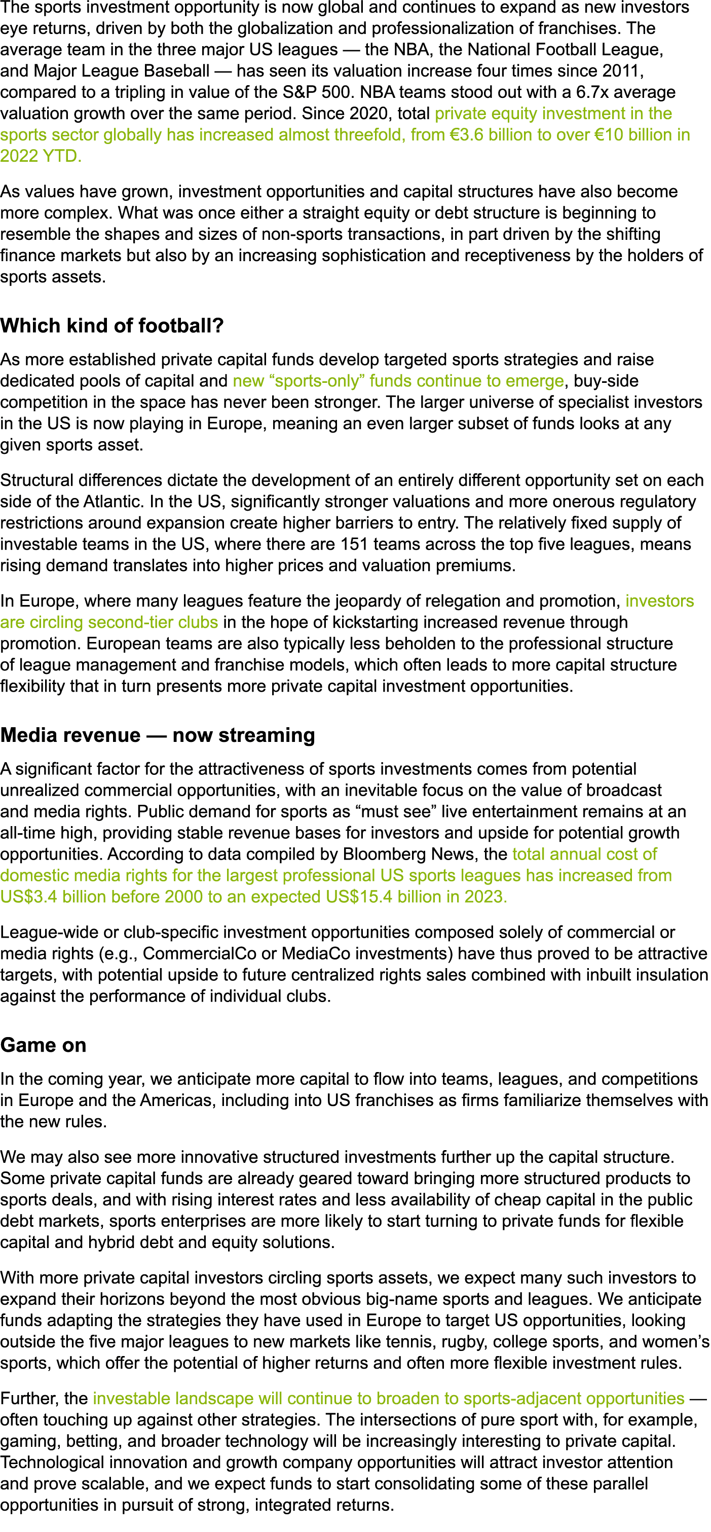 The sports investment opportunity is now global and continues to expand as new investors eye returns, driven by both ...