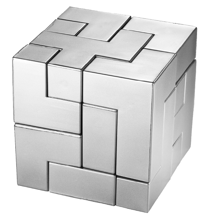 Silver completed puzzle cube on blue background