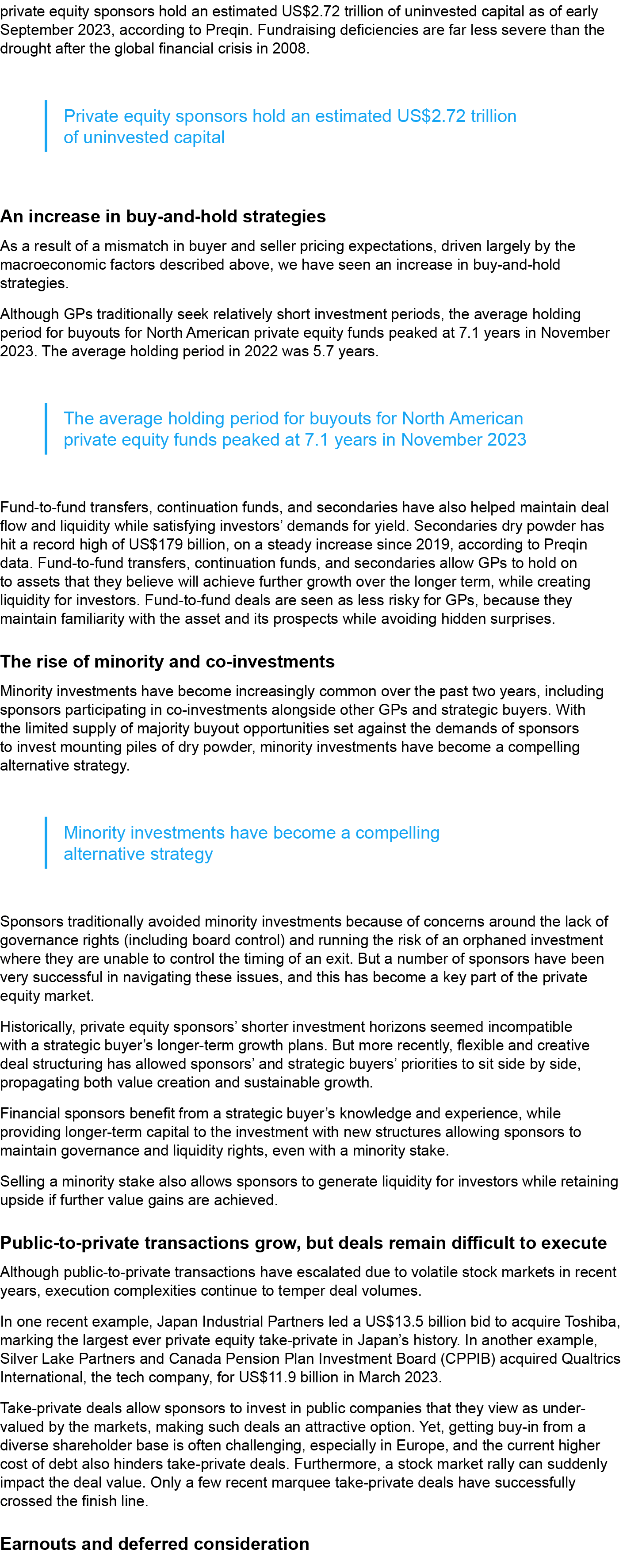 private equity sponsors hold an estimated US$2.72 trillion of uninvested capital as of early September 2023, accordin...