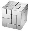 Silver completed puzzle cube on blue background