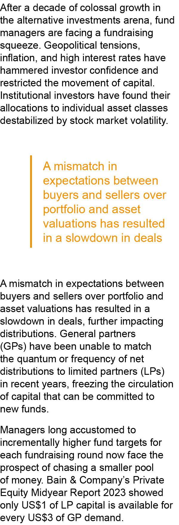 After a decade of colossal growth in the alternative investments arena, fund managers are facing a fundraising squeez...