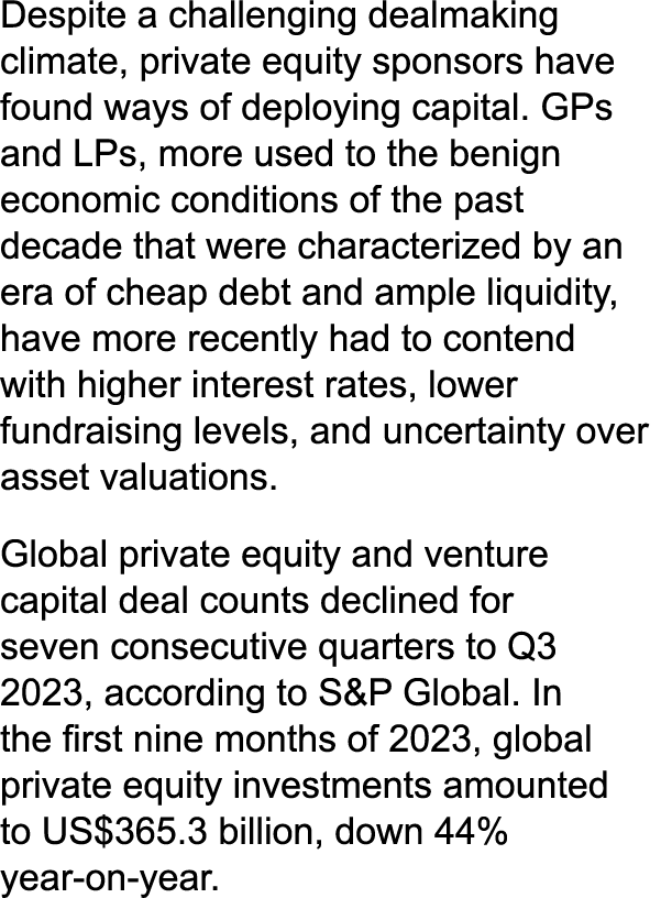 Despite a challenging dealmaking climate, private equity sponsors have found ways of deploying capital. GPs and LPs, ...