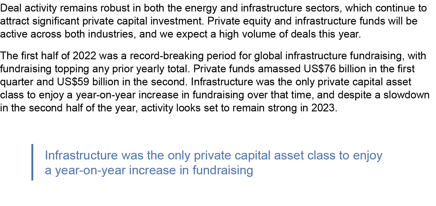 Deal activity remains robust in both the energy and infrastructure sectors, which continue to attract significant pri...