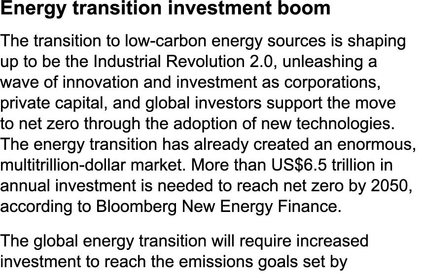Energy transition investment boom The transition to low carbon energy sources is shaping up to be the Industrial Revo...