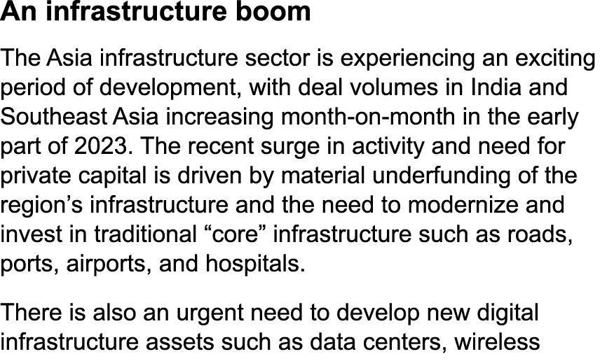 An infrastructure boom The Asia infrastructure sector is experiencing an exciting period of development, with deal vo...