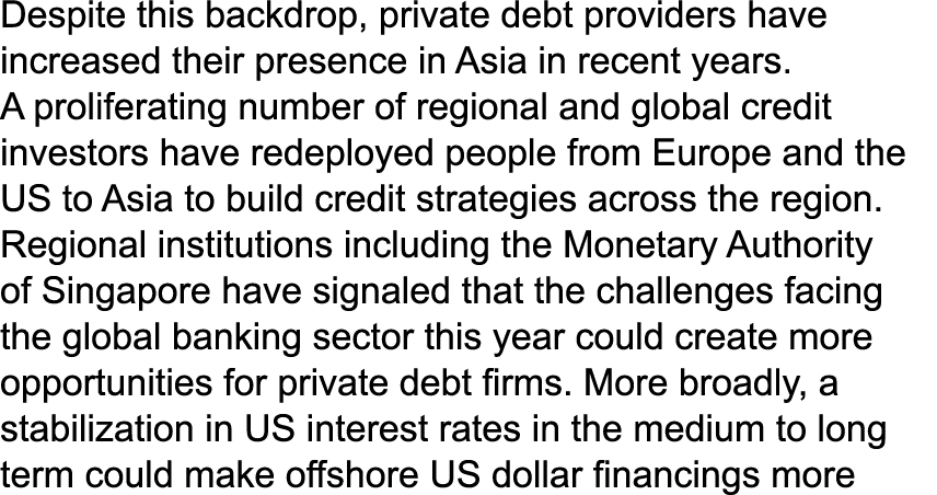 Despite this backdrop, private debt providers have increased their presence in Asia in recent years. A proliferating ...