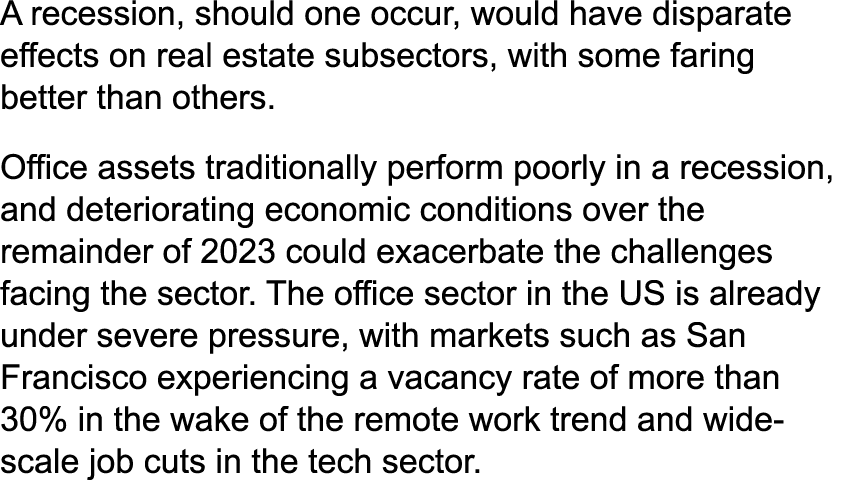 A recession, should one occur, would have disparate effects on real estate subsectors, with some faring better than o...