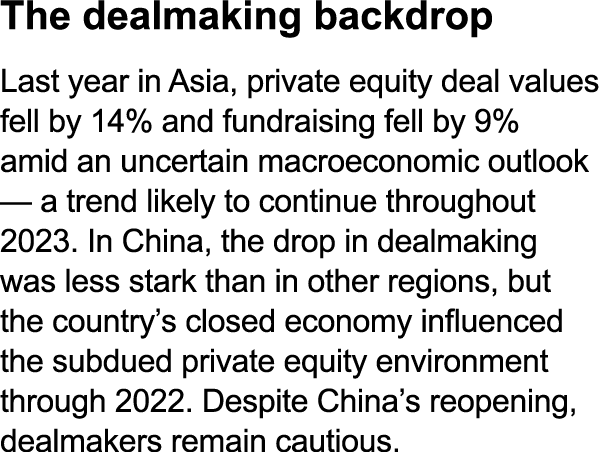 The dealmaking backdrop Last year in Asia, private equity deal values fell by 14% and fundraising fell by 9% amid an ...