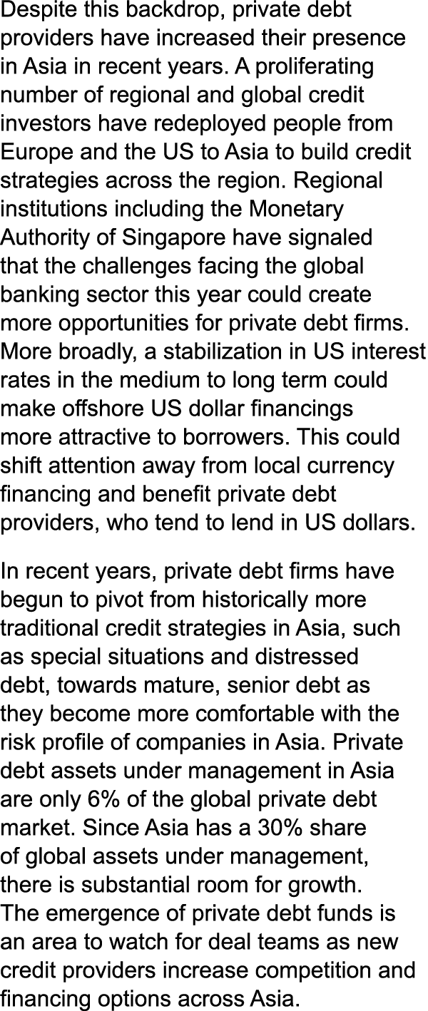 Despite this backdrop, private debt providers have increased their presence in Asia in recent years. A proliferating ...