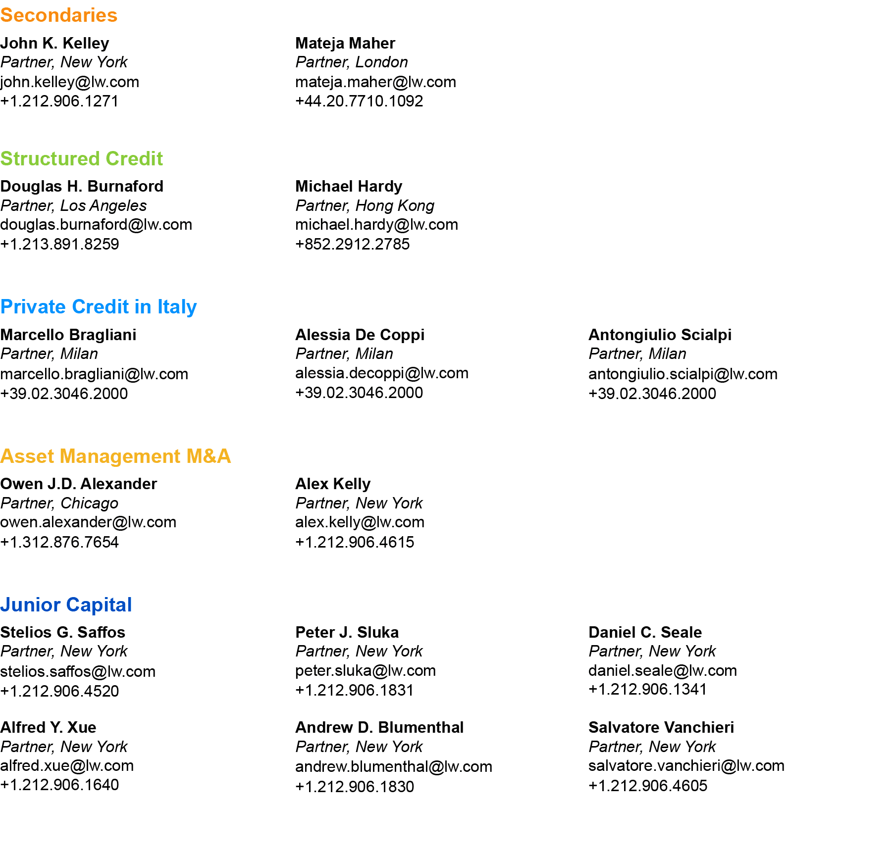 Secondaries,John K. Kelley Partner, New York john.kelley@lw.com +1.212.906.1271,Mateja Maher Partner, London mateja.m...