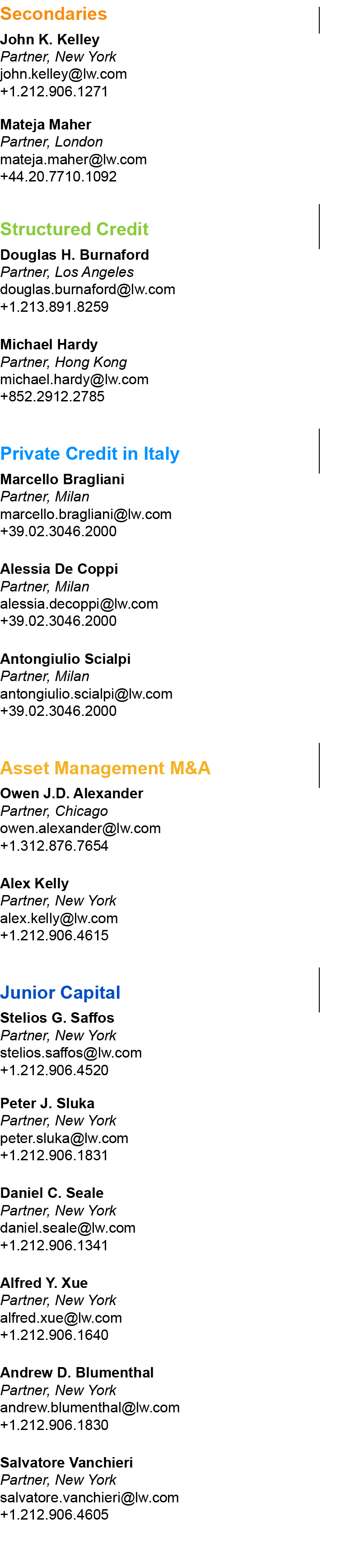 Secondaries,John K. Kelley Partner, New York john.kelley@lw.com +1.212.906.1271,Mateja Maher Partner, London mateja.m...