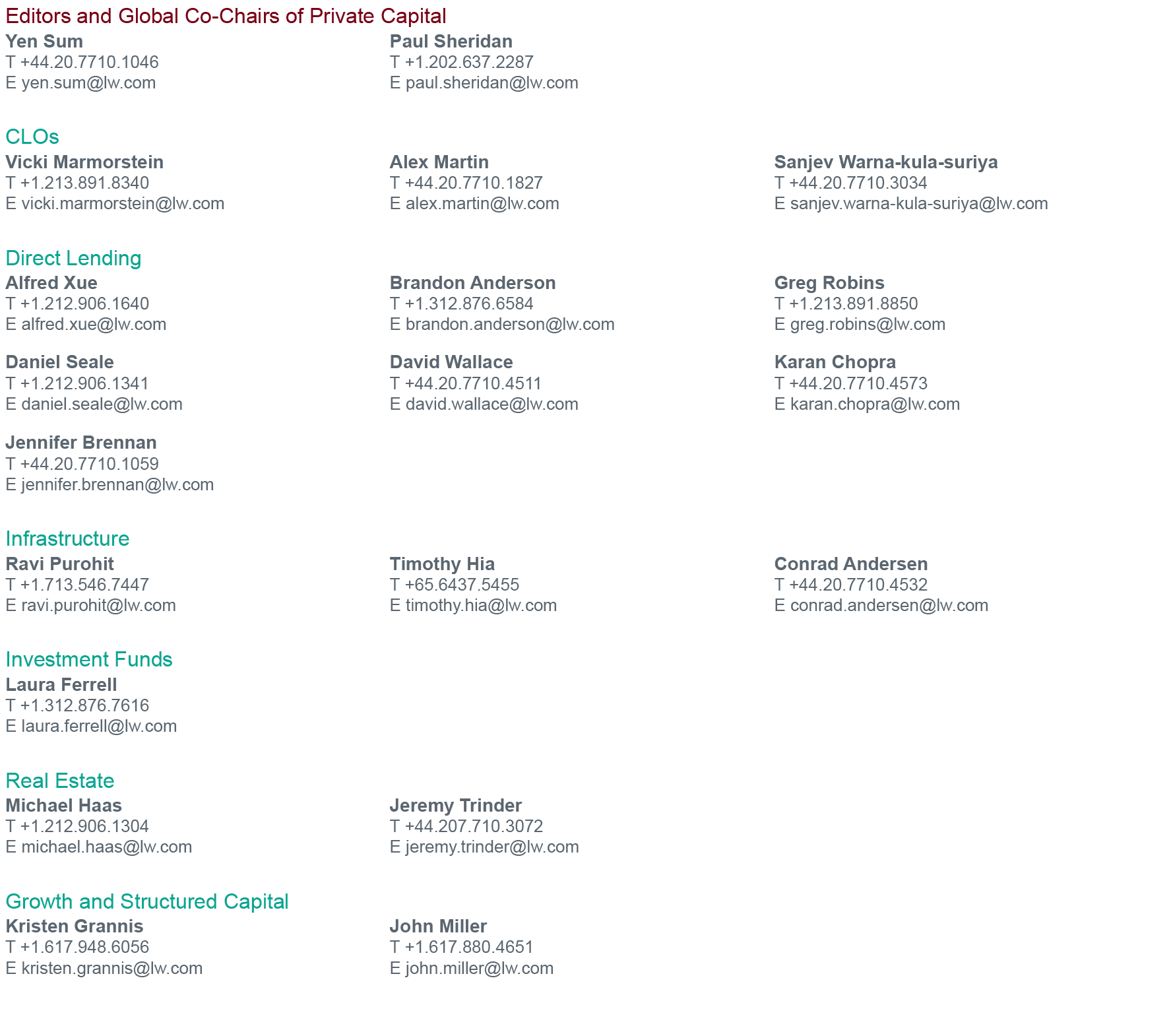 Editors and Global Co-Chairs of Private Capital,Yen Sum T +44 20 7710 1046 E yen sum lw com,Paul Sheridan T +1 202 63   