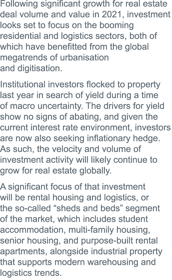 Following significant growth for real estate deal volume and value in 2021, investment looks set to focus on the boom   