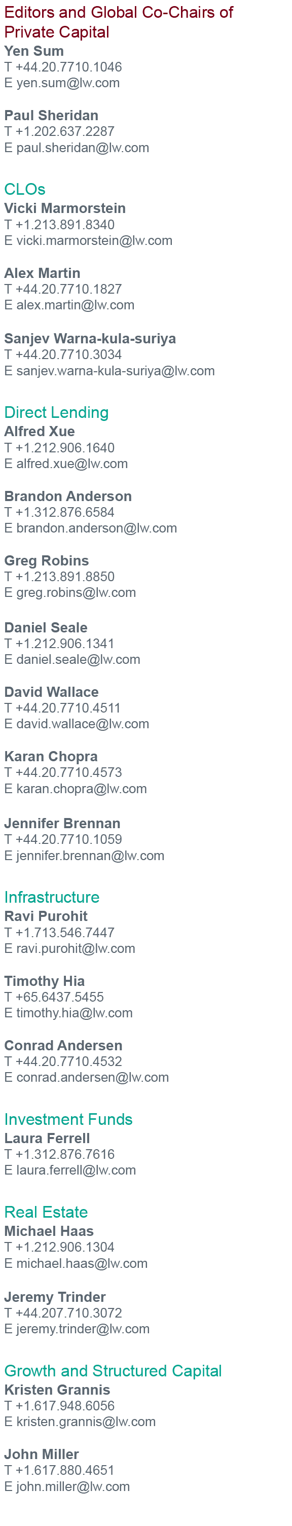 Editors and Global Co-Chairs of Private Capital,Yen Sum T +44 20 7710 1046 E yen sum lw com Paul Sheridan T +1 202 63   