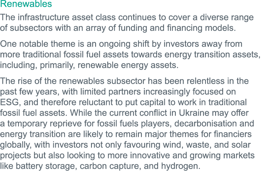 Renewables The infrastructure asset class continues to cover a diverse range of subsectors with an array of funding a   