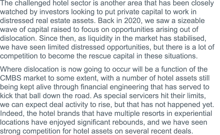 The challenged hotel sector is another area that has been closely watched by investors looking to put private capital   