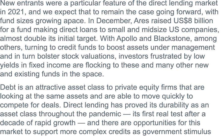 New entrants were a particular feature of the direct lending market in 2021, and we expect that to remain the case go   